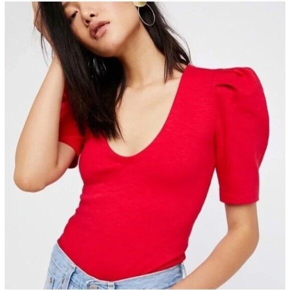 Free People Ellery Top Red Puff Sleeve Pullover Form Fitting NWOT Womens Size S - Picture 1 of 7